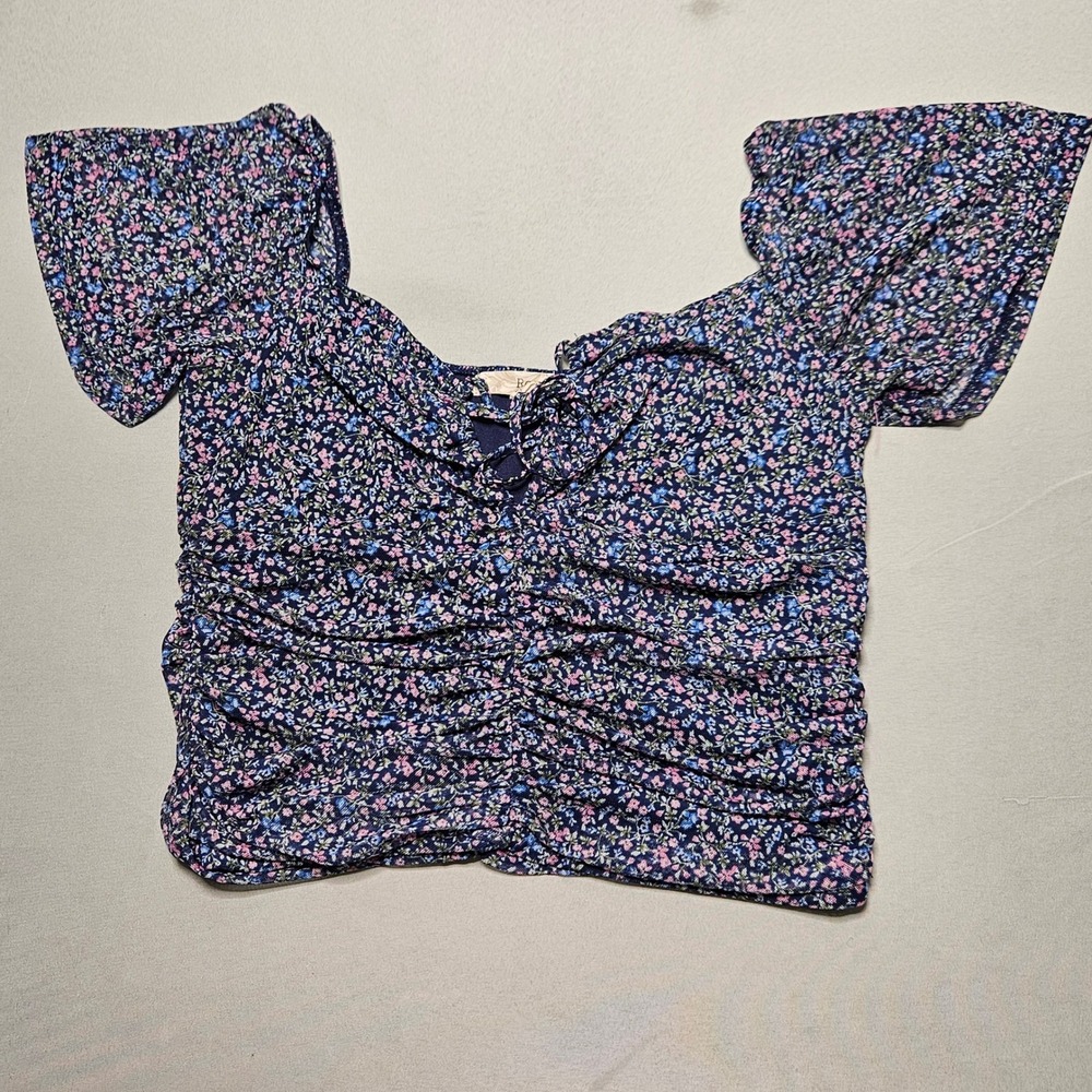 Rewind Floral Ruched Crop Top Womens Medium Navy Pink Blue NH01181W55 Ditsy Boho